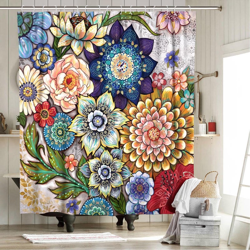 Neasow Boho Floral Shower Curtains for Bathroom, Bright Fabric Blossom Shower Curtain with 12 Hooks, Multi Color 72"Ã—72" - Image 2